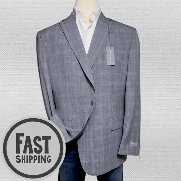$450 MICHAEL KORS Mens Blazer 50R Gray Plaid WOOL Sport Coat Two Button Jacket - Picture 1 of 14